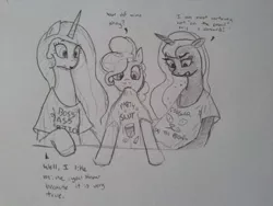 Size: 800x600 | Tagged: safe, artist:pony quarantine, derpibooru import, pinkie pie, princess celestia, princess luna, alicorn, earth pony, pony, 4chan, clothes, dialogue, drawthread, missing accessory, monochrome, mouth hold, oversized clothes, oversized shirt, shirt, traditional art, vulgar