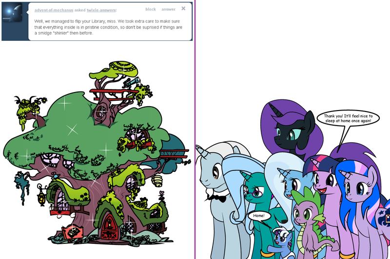 Size: 1204x800 | Tagged: safe, artist:dekomaru, derpibooru import, spike, trixie, twilight sparkle, oc, oc:hazel lulamoon, oc:iniduoh, oc:midnight, oc:nebula, oc:nyx, alicorn, dragon, pony, unicorn, tumblr:ask twixie, ask, baby, baby pony, colt, female, golden oaks library, lesbian, magical lesbian spawn, male, mare, offspring, parent:trixie, parent:twilight sparkle, parents:twixie, shining, shipping, stallion, tumblr, twixie