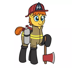 Size: 1000x938 | Tagged: safe, anonymous artist, derpibooru import, oc, oc:fireaxe, unofficial characters only, earth pony, pony, /mlpol/, 4chan, air tank, axe, boots, clothes, coat, female, fire suit, firefighter, firefighter helmet, fireproof boots, hat, helmet, mare, nazi, rwss, safety squad, schutzstaffel, shoes, smiling, solo, standing, tail bun, weapon