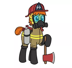 Size: 1000x938 | Tagged: safe, anonymous artist, derpibooru import, oc, oc:fireaxe, unofficial characters only, earth pony, pony, /mlpol/, air tank, axe, boots, clothes, coat, female, fire suit, firefighter, firefighter helmet, fireproof boots, gas mask, hard hat, hat, helmet, mare, mask, nazi, rwss, safety squad, shoes, solo, tail bun, tubes, weapon
