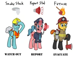 Size: 1280x960 | Tagged: safe, anonymous artist, derpibooru import, oc, oc:fireaxe, oc:report stat, oc:smoke stack, unofficial characters only, earth pony, pegasus, pony, unicorn, /mlpol/, 4chan, air tank, axe, boots, civil servant, clothes, coat, concerned, cutie mark, cutie mark background, ear-piece, evacuate, female, fire safety, fire suit, firefighter, fireproof boots, hard hat, hat, helmet, high-visibility clothing, image, line-up, magic, mare, nazi, necktie, peering, phone, png, ponytail, report, rwss, safety squad, safety vest, schutzstaffel, shoes, suit, tail bun, team, telekinesis, trio, trio female, tubes, watch out, weapon, wires