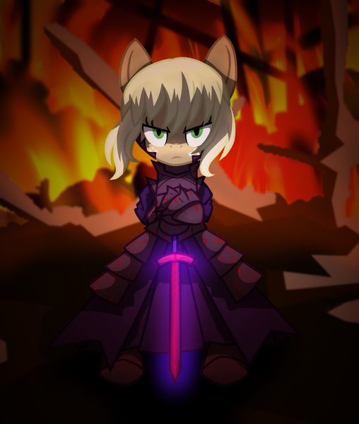 Size: 2200x2600 | Tagged: safe, artist:geraritydevillefort, derpibooru import, applejack, pony, anime, armor, artoria pendragon, bipedal, blood, crossover, excalibur, excalibur morgan, fate/grand order, fate/stay night, female, fire, looking at you, mare, saber alter, solo, sword, weapon