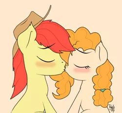 Size: 1882x1743 | Tagged: safe, artist:kimjoman, derpibooru import, bright mac, pear butter, pony, the perfect pear, accessories, blushing, brightbutter, cowboy hat, cute, eyes closed, female, hat, kissing, male, married couple, photoshop, shipping, simple background, straight