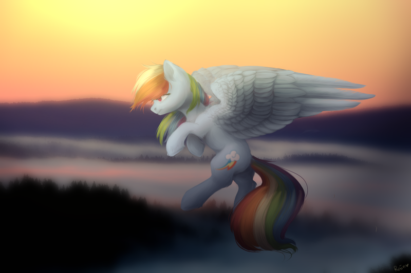 Size: 900x600 | Tagged: safe, artist:nika-rain, derpibooru import, rainbow dash, pegasus, pony, dawn, female, flying, fog, mare, morning, side view, sky, solo, windswept mane, wings