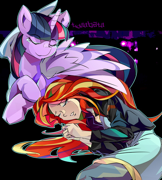 Size: 1600x1780 | Tagged: safe, artist:tyuubatu, derpibooru import, sunset shimmer, twilight sparkle, twilight sparkle (alicorn), alicorn, human, equestria girls, clothes, comforting, duo, female, humanized, jacket, lesbian, mare, prone, shipping, smiling, sunsetsparkle, wing blanket