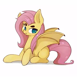 Size: 1000x1000 | Tagged: safe, artist:pinkieeighttwo, derpibooru import, fluttershy, bat pony, pony, beanbrows, eyebrows, female, flutterbat, mare, prone, race swap, simple background, solo, white background