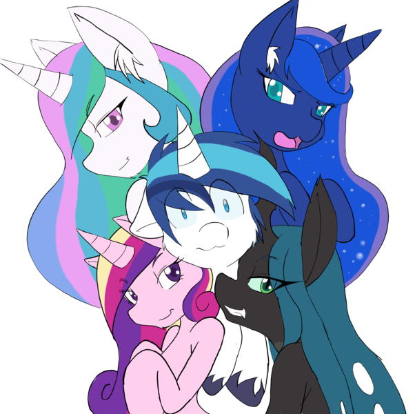 Size: 2913x2903 | Tagged: safe, artist:steelsoul, derpibooru import, princess cadance, princess celestia, princess luna, queen chrysalis, shining armor, harem, looking at you, lucky bastard, male, shining armor gets all the mares, shining chrysalis, shiningcadance, shininglestia, shiningluna, shipping, smiling, smirk, smug, straight, worried