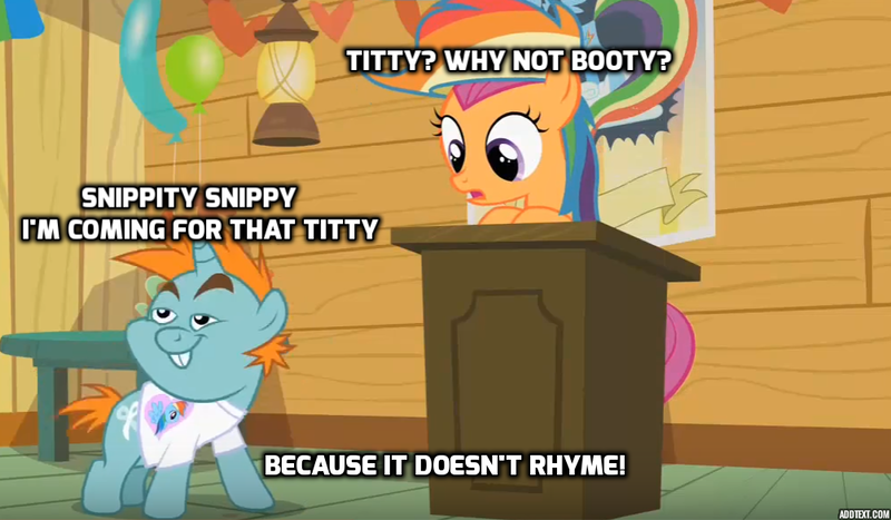 Size: 1003x586 | Tagged: suggestive, derpibooru import, edit, edited screencap, screencap, scootaloo, snips, pony, unicorn, the mysterious mare do well, balloon, caption, colt, image macro, male, meme, rainbow dash fanclub, rainbow wig, swiggity swooty