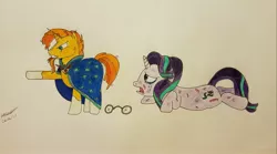 Size: 3975x2217 | Tagged: semi-grimdark, artist:magicnova, derpibooru import, starlight glimmer, sunburst, pony, alicorn amulet, angry, blood, crying, evil sunburst, injured, protecting, signature, sunburst is anakin, this will not end well, traditional art, vein bulge