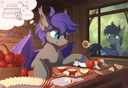 Size: 2250x1545 | Tagged: safe, artist:yakovlev-vad, derpibooru import, oc, oc:au hasard, oc:halfmoon, unofficial characters only, bat pony, pony, apple, cake, claw, duo, female, food, hoof blades, hoof-friendly tool, kitchen, male, mare, smiling, stallion, thought bubble, window