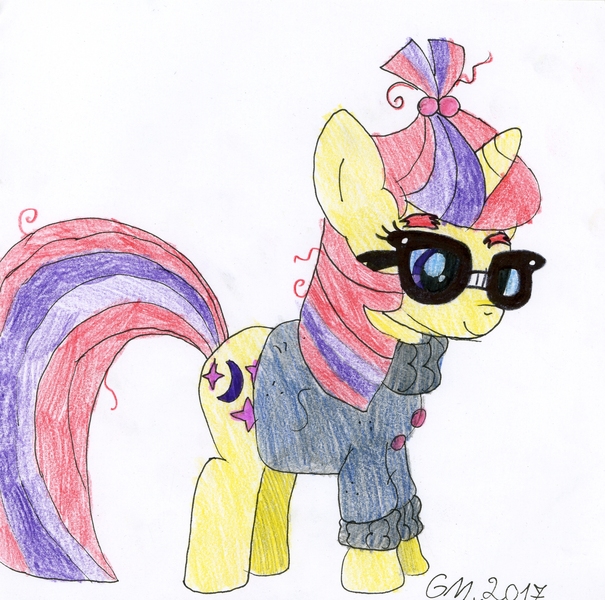 Size: 2405x2386 | Tagged: safe, artist:greenmarta, derpibooru import, moondancer, pony, unicorn, clothes, female, glasses, mare, signature, simple background, smiling, solo, sweater, white background