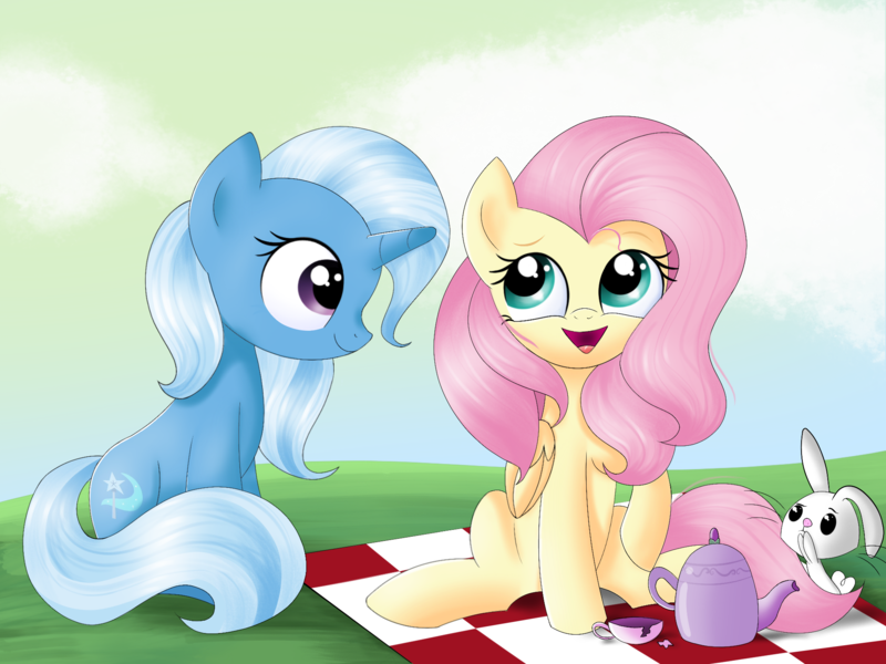 Size: 2000x1500 | Tagged: safe, artist:songbirdserenade, derpibooru import, angel bunny, fluttershy, trixie, pegasus, pony, unicorn, cup, female, mare, picnic blanket, sitting, teacup, teapot