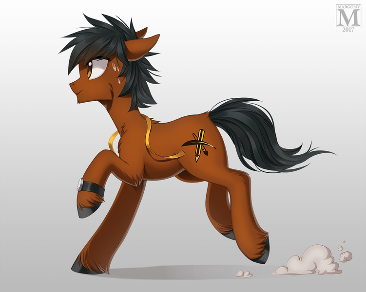 Size: 1300x1039 | Tagged: safe, artist:margony, derpibooru import, oc, unofficial characters only, earth pony, pony, commission, male, running, side view, solo, stallion, sweat, unshorn fetlocks, watch