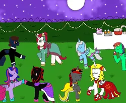 Size: 1097x897 | Tagged: safe, artist:ask-luciavampire, derpibooru import, twilight sparkle, twilight sparkle (alicorn), oc, alicorn, bat pony, pegasus, pony, unicorn, tumblr:ask-luciavampire, alicorn oc, clothes, dancing, dress, eyes closed, female, male, mare, night, prom, red and black oc, stallion, suit, tumblr