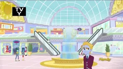 Size: 1920x1080 | Tagged: safe, derpibooru import, screencap, lemonade blues, rose heart, tennis match, velvet sky, dance magic, equestria girls, spoiler:eqg specials, background human, canterlot mall, discovery family logo, escalator, fountain, mall