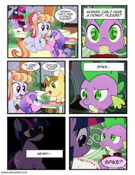 Size: 1275x1650 | Tagged: safe, artist:dsana, derpibooru import, amber laurel, cloudy spinel, donut joe, spike, starlight glimmer, twilight sparkle, twilight sparkle (alicorn), alicorn, crystal pony, dragon, pony, comic:the shadow shard, card, comic, donut, female, filly, food, playing card, train