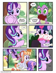 Size: 1275x1650 | Tagged: safe, artist:dsana, derpibooru import, amber laurel, cloudy spinel, donut joe, spike, starlight glimmer, twilight sparkle, twilight sparkle (alicorn), alicorn, crystal pony, dragon, pony, comic:the shadow shard, card, comic, female, filly, magic, playing card, train, underhoof