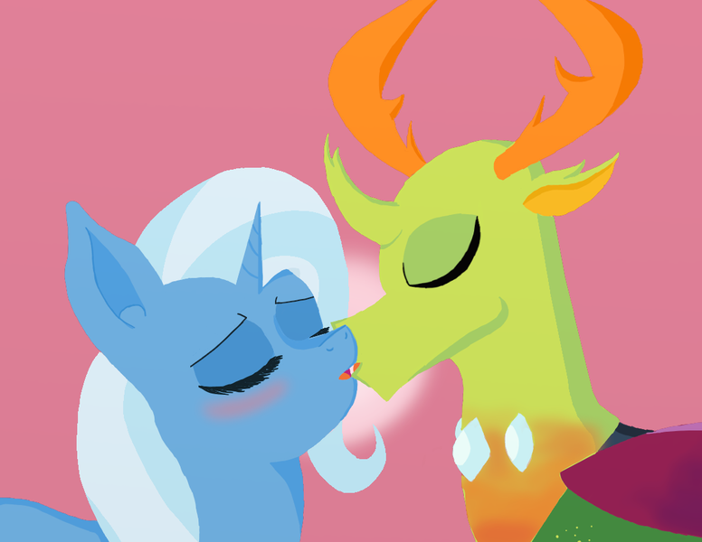 Size: 1100x850 | Tagged: safe, artist:eulicious, derpibooru import, thorax, trixie, changedling, changeling, pony, unicorn, blushing, eyes closed, female, imminent kissing, king thorax, male, mare, shipping, simple background, straight, thoraxie