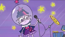 Size: 1920x1080 | Tagged: safe, derpibooru import, screencap, sci-twi, twilight sparkle, dance magic, equestria girls, spoiler:eqg specials, clothes, cute, discovery family logo, drum kit, drums, female, glasses, imagine spot, microphone, musical instrument, skirt, solo, space helmet, stars