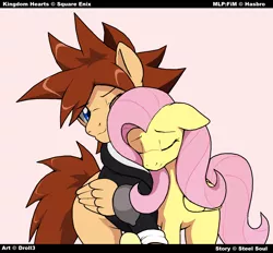 Size: 1664x1542 | Tagged: safe, artist:droll3, derpibooru import, fluttershy, pony, crossover, cuddling, eyes closed, kingdom hearts, kingdom hearts of harmony, one eye closed, shipping, sora, sorashy