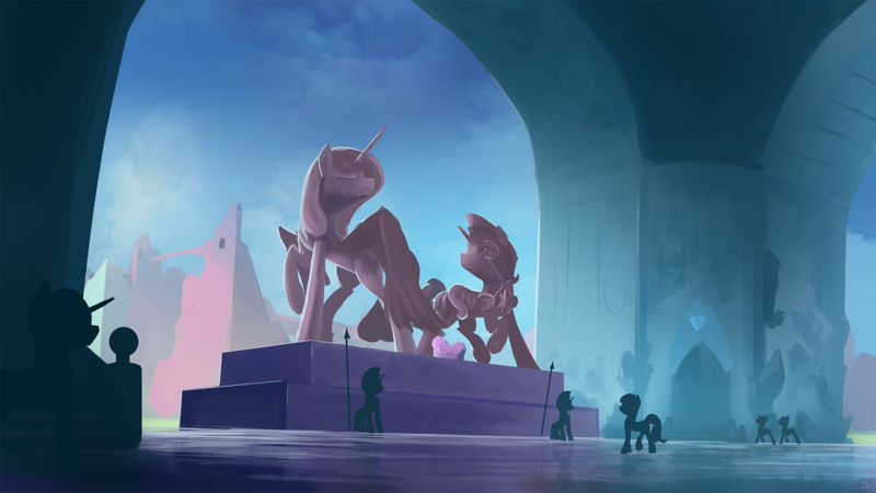 Size: 1920x1080 | Tagged: safe, artist:shamanguli, derpibooru import, princess cadance, shining armor, alicorn, pony, unicorn, armor, crystal empire, crystal guard, crystal guard armor, epic, female, helmet, majestic, male, mare, royal guard, scenery, shiningcadance, shipping, silhouette, stallion, statue, straight