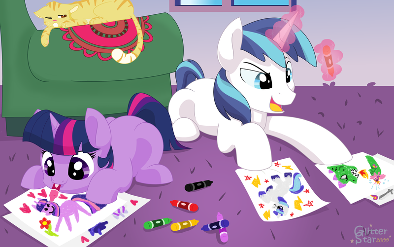 Size: 6968x4360 | Tagged: safe, artist:glitterstar2000, derpibooru import, shining armor, twilight sparkle, cat, pony, unicorn, absurd resolution, blank flank, brother and sister, coloring, colt, colt shining armor, crayon, crayon drawing, cute, drawing, female, filly, filly twilight sparkle, foal, glowing horn, magic, male, mouth hold, paper, stylistic suck, twiabetes, younger