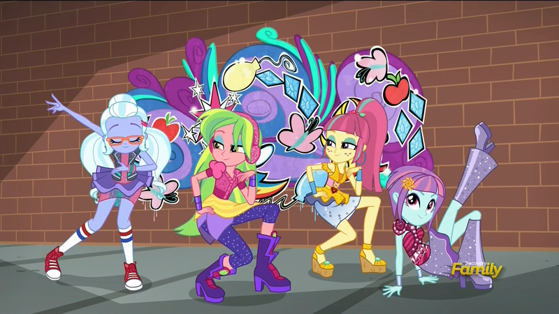 Size: 1920x1080 | Tagged: safe, derpibooru import, screencap, lemon zest, sour sweet, sugarcoat, sunny flare, dance magic, equestria girls, spoiler:eqg specials, boots, brick wall, clothes, converse, crystal prep shadowbolts, ear piercing, earring, eyes closed, female, glasses, graffiti, high heel boots, jewelry, piercing, shoes, skirt, sneakers, socks