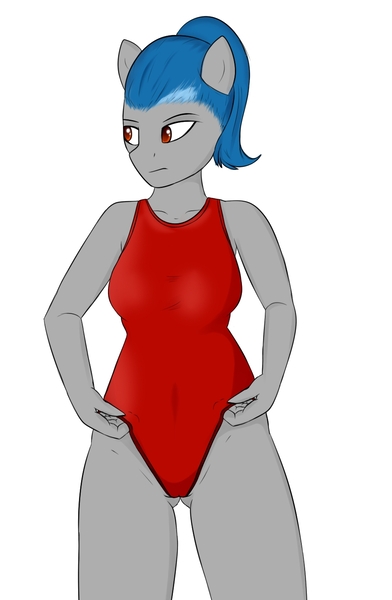 Size: 943x1443 | Tagged: anthro, artist needed, breasts, cameltoe, cel shading, clothes, cropped, derpibooru import, female, oc, oc:dagny blue, one-piece swimsuit, ponytail, questionable, solo, solo female, swimsuit, tsundere, unguligrade anthro, unofficial characters only