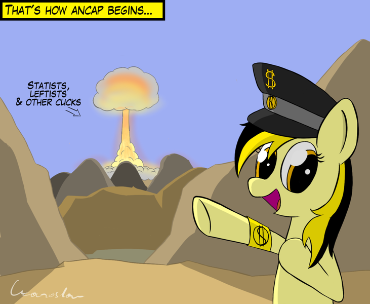 Size: 1024x841 | Tagged: safe, artist:czaroslaw, derpibooru import, oc, oc:leslie fair, unofficial characters only, pony, /mlpol/, anarcho-capitalism, dollar sign, explosion, hat, politics, vulgar