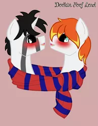 Size: 2322x3000 | Tagged: safe, artist:dookin, derpibooru import, oc, oc:dookin foof lord, oc:the mad badger, unofficial characters only, pony, blushing, clothes, cuddling, cute, gay, male, request, requested art, scarf, scarf cuddles, shared clothing, shared scarf, simple background