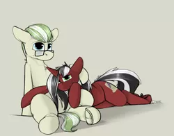Size: 1400x1100 | Tagged: safe, artist:sinrar, derpibooru import, oc, oc:enigma, oc:phantom, unofficial characters only, earth pony, pony, unicorn, gay, glasses, head on lap, male, red and black oc, simple background, stallion