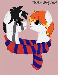 Size: 2322x3000 | Tagged: safe, alternate version, artist:dookin, derpibooru import, oc, oc:dookin foof lord, oc:the mad badger, unofficial characters only, pony, clothes, cuddling, cute, gay, male, request, requested art, scarf, scarf cuddles, shared clothing, shared scarf, simple background