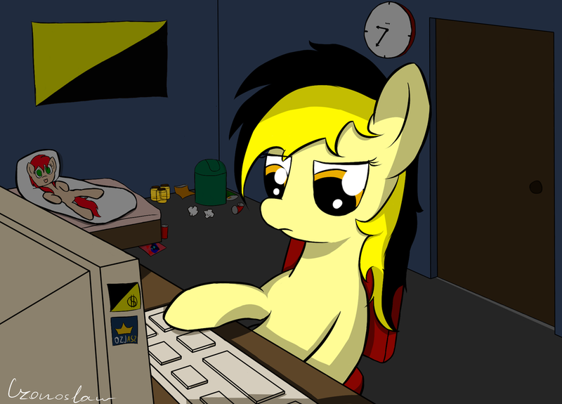 Size: 1024x736 | Tagged: safe, artist:czaroslaw, derpibooru import, oc, oc:leslie fair, unofficial characters only, earth pony, pony, /mlpol/, anarcho-capitalism, bags, bed, bedroom, body pillow, can, chair, clock, computer, dark room, desk, door, flag, garbage bin, keyboard, pee in container, politics, room, sitting, tissue, trash can, urine