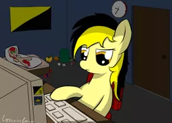 Size: 1024x736 | Tagged: safe, artist:czaroslaw, derpibooru import, oc, oc:leslie fair, unofficial characters only, earth pony, pony, /mlpol/, anarcho-capitalism, bags, bed, bedroom, body pillow, can, chair, clock, computer, dark room, desk, door, flag, garbage bin, keyboard, pee in container, politics, room, sitting, tissue, trash can, urine