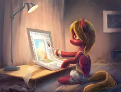 Size: 3000x2267 | Tagged: safe, artist:hunternif, derpibooru import, oc, unofficial characters only, pegasus, pony, clothes, commission, digital art, drawing, lamp, sitting, smiling, solo, table