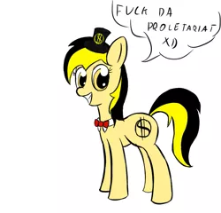 Size: 775x743 | Tagged: safe, artist:czaroslaw, derpibooru import, oc, oc:leslie fair, unofficial characters only, earth pony, pony, /mlpol/, anarcho-capitalism, bowtie, dollar, hat, politics, simple background, solo, vulgar, white background