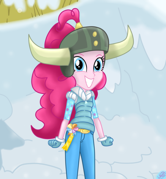 Size: 1750x1880 | Tagged: safe, artist:liniitadash23, derpibooru import, pinkie pie, equestria girls, not asking for trouble, belt, clothes, equestria girls interpretation, female, gloves, grin, helmet, honorary yak horns, horned helmet, jeans, looking at you, pants, scene interpretation, smiling, solo, viking helmet