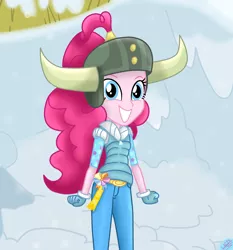 Size: 1750x1880 | Tagged: safe, artist:liniitadash23, derpibooru import, pinkie pie, equestria girls, not asking for trouble, belt, clothes, equestria girls interpretation, female, gloves, grin, helmet, honorary yak horns, horned helmet, jeans, looking at you, pants, scene interpretation, smiling, solo, viking helmet