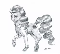 Size: 1300x1160 | Tagged: safe, artist:baron engel, derpibooru import, saffron masala, pony, unicorn, spice up your life, chef, female, grayscale, mare, monochrome, pencil drawing, raised hoof, signature, simple background, solo, traditional art, white background