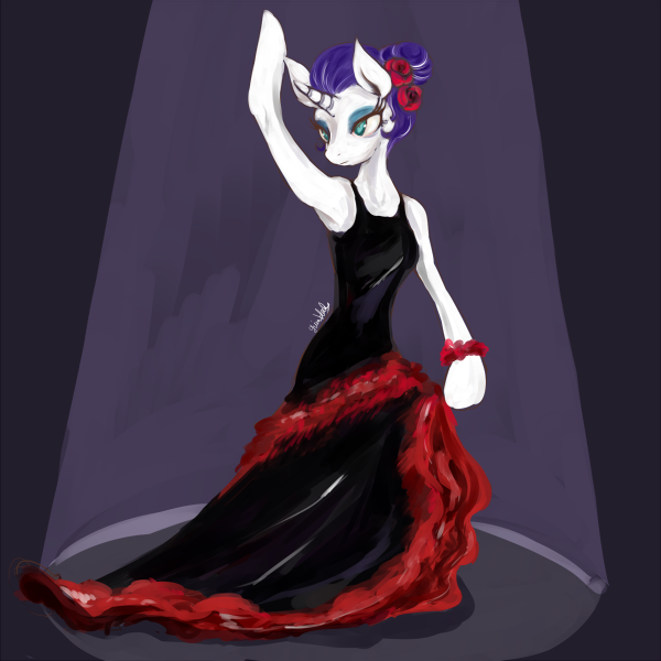 Size: 600x600 | Tagged: safe, artist:grimbloody, derpibooru import, rarity, pony, unicorn, alternate hairstyle, arm hooves, armpits, clothes, dancing, dress, flamenco, flower, flower in hair, solo, spotlight