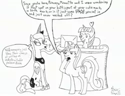 Size: 3282x2532 | Tagged: safe, artist:asksadisticcolgate, artist:newguy, derpibooru import, minuette, princess luna, oc, oc:minuette, pony, butt joke, monochrome