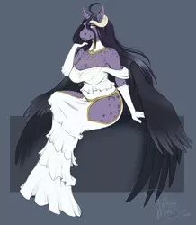 Size: 2065x2366 | Tagged: albedo, alicorn, alicorn oc, anthro, anthro oc, artist:phathusa, big breasts, black hair, black wings, breasts, cleavage, clothes, cosplay, costume, derpibooru import, dress, female, fluffy, gloves, horns, long hair, oc, oc:moonbrush, overlord, safe, simple background, sitting, solo, unofficial characters only, wide hips