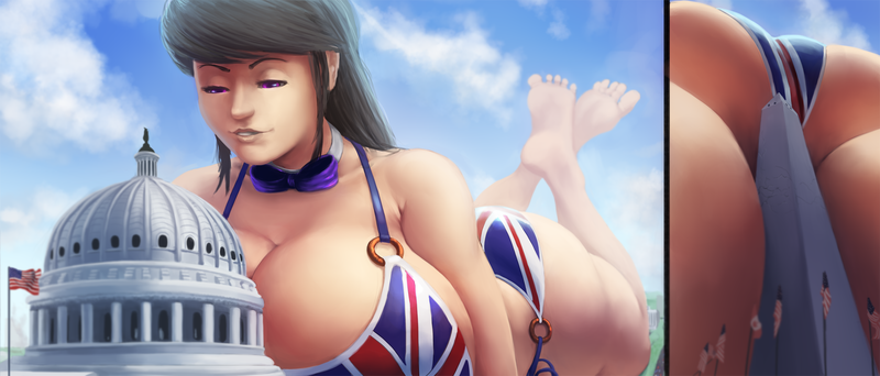 Size: 2212x945 | Tagged: american flag, artist:maarthul, ass, barefoot, big breasts, bikini, breasts, britavia, busty octavia, canadian flag, clothes, derpibooru import, feet, female, flag bikini, giantess, huge breasts, human, humanized, macro, nationalism, no exceptions, octavia melody, questionable, solo, solo female, swimsuit, treblebutt, union jack, united kingdom, washington d.c., washington monument, wat, wtf