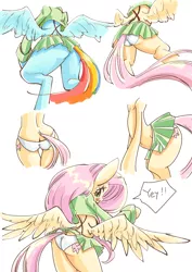 Size: 1302x1835 | Tagged: suggestive, artist:unousaya, derpibooru import, fluttershy, rainbow dash, pegasus, pony, semi-anthro, blushing, butt wings, clothes, female, flutterbutt, mare, panties, plot, rainbutt dash, skirt, skirt lift, underwear, upskirt