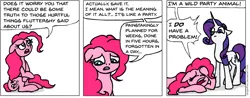 Size: 930x365 | Tagged: safe, artist:gingerfoxy, derpibooru import, pinkie pie, rarity, earth pony, pony, unicorn, pony comic generator, putting your hoof down, comic, confused, crossed hooves, depressed, dialogue, existential crisis, eye twitch, eyes closed, female, floppy ears, frown, gritted teeth, implied fluttershy, lidded eyes, looking down, looking up, mare, mood swing, pinkie being pinkie, prone, sad, simple background, speech bubble, thinking, wat, white background, wide eyes
