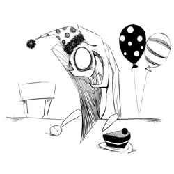 Size: 600x600 | Tagged: safe, artist:grimbloody, derpibooru import, pinkie pie, pony, balloon, cake, food, hat, insanity, party, party hat, pinkamena diane pie, simple background, white background