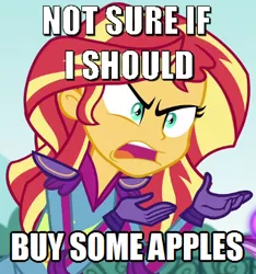 Size: 365x390 | Tagged: safe, derpibooru import, sunset shimmer, equestria girls, buy some apples, exploitable meme, image macro, meme, not sure if