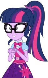 Size: 1853x3000 | Tagged: safe, artist:uponia, derpibooru import, sci-twi, twilight sparkle, equestria girls, movie magic, spoiler:eqg specials, belt, bowtie, clothes, female, glasses, grin, nervous, nervous grin, ponytail, simple background, skirt, smiling, solo, transparent background, vector, vest