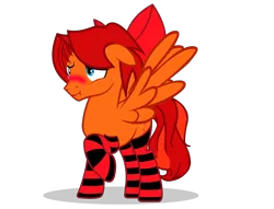 Size: 2232x1701 | Tagged: suggestive, artist:goldenfoxda, derpibooru import, oc, oc:goldenfox, unofficial characters only, pony, blushing, bow, clothes, crossdressing, embarrassed, hair bow, male, simple background, socks, stallion, stockings, striped socks, thigh highs, transparent background