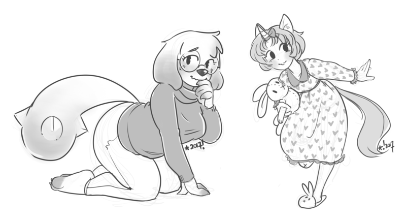 Size: 1945x1068 | Tagged: anthro, artist:stardrawsponies, bunny slippers, clothes, derpibooru import, diamond dog, doll, dress, female, female diamond dog, freckles, glasses, mare, monochrome, nightgown, oc, oc:chalk, oc:neko heart, plush bunny, plushie, safe, signature, simple background, slippers, sweater, toy, unofficial characters only, white background